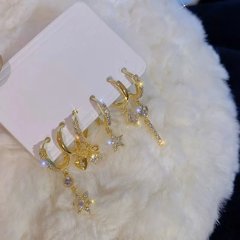 6Pcs/Set New Gold Color Geometric Pendant Hoop Earrings