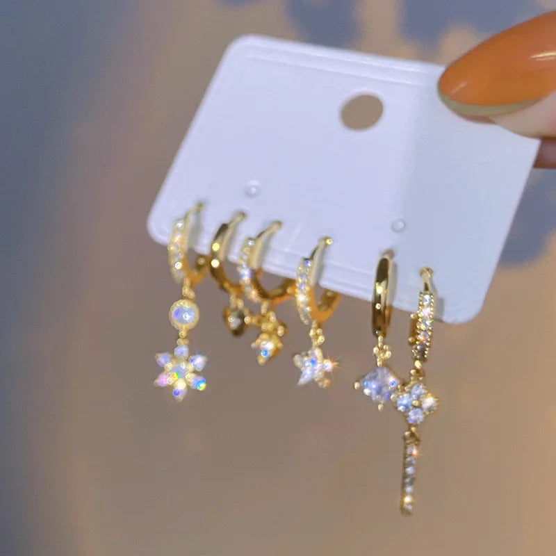 6Pcs/Set New Gold Color Geometric Pendant Hoop Earrings