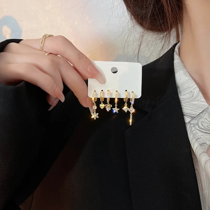 6Pcs/Set New Gold Color Geometric Pendant Hoop Earrings