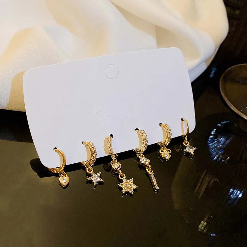 6Pcs/Set New Gold Color Geometric Pendant Hoop Earrings